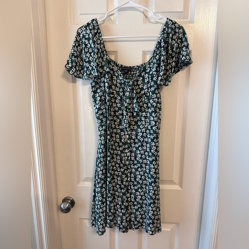 Skies Are Blue Green Floral Mini Dress | Flutter Sleeve Tie Front Dress